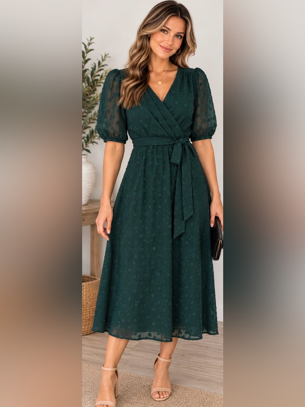 473 Tommy Hilfiger Green Swiss Dot Wrap Midi Dress Puff Sleeve Belt Size 4